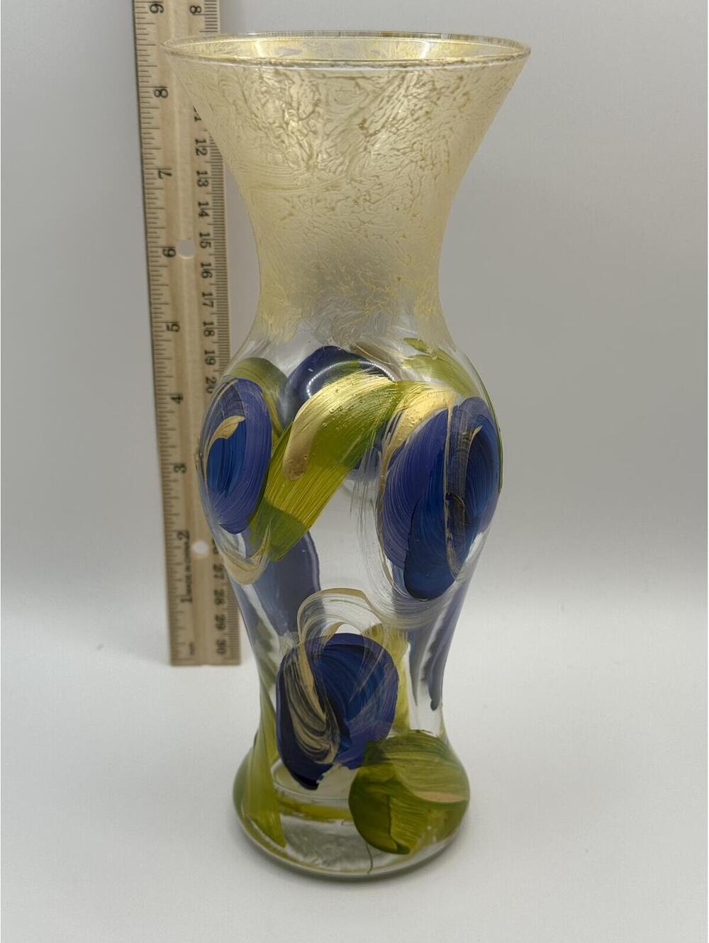 Hand Painted Art Glass Vase Blue Floral Gold Frosted Rim Signed 10”
